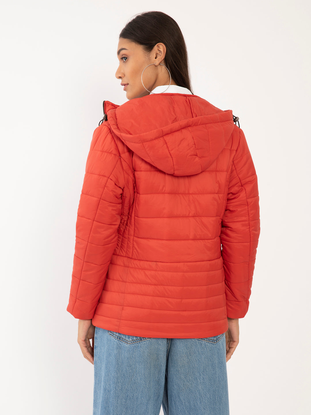 Orange Solid Quilted Jacket For Women