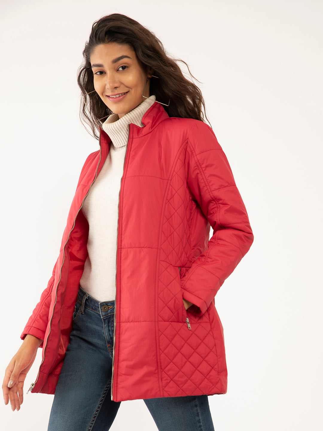 Red Solid Quilted Jackets For Women