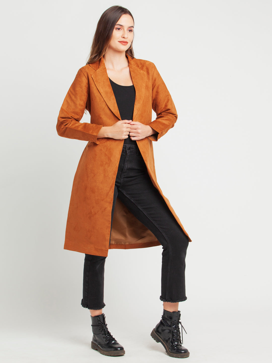 Tan Solid Trench Coat For Women