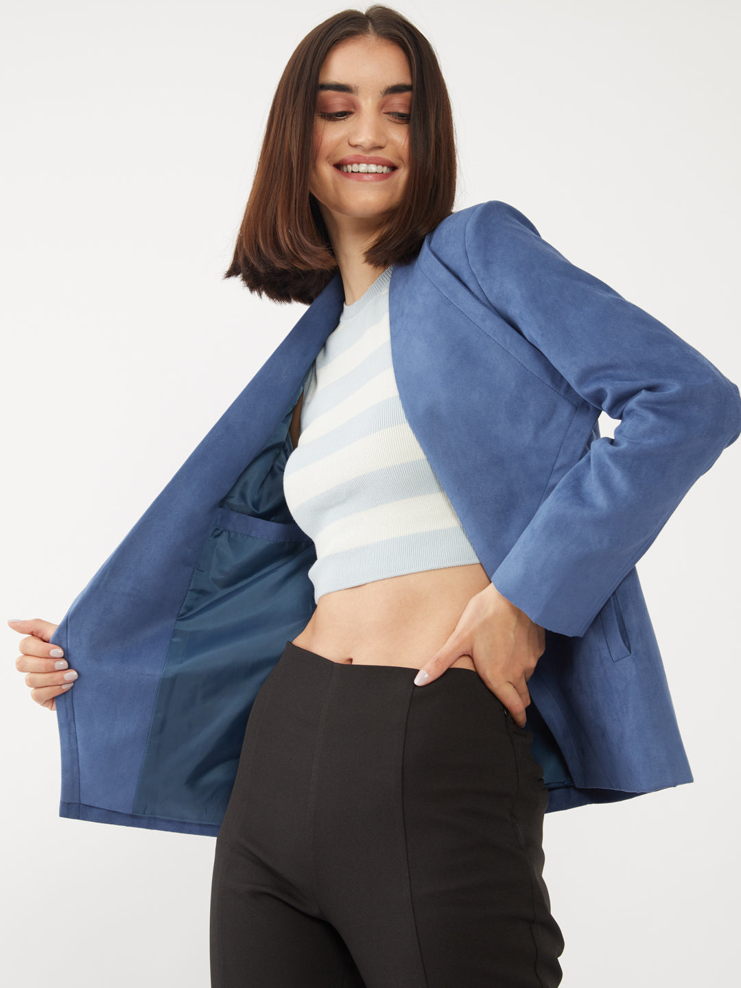 Blue Solid Regular Jacket For Women