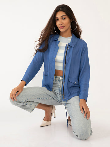 Blue Solid Regular Summer Jacket for Women