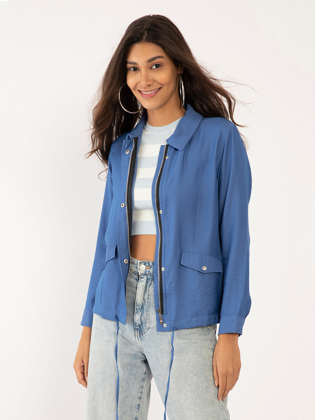 Blue Solid Regular Summer Jacket for Women