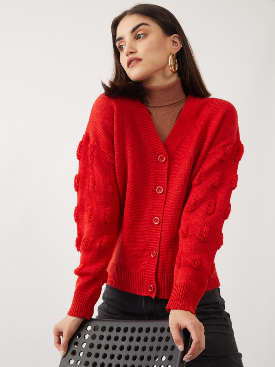 Red Solid Cardigan For Women