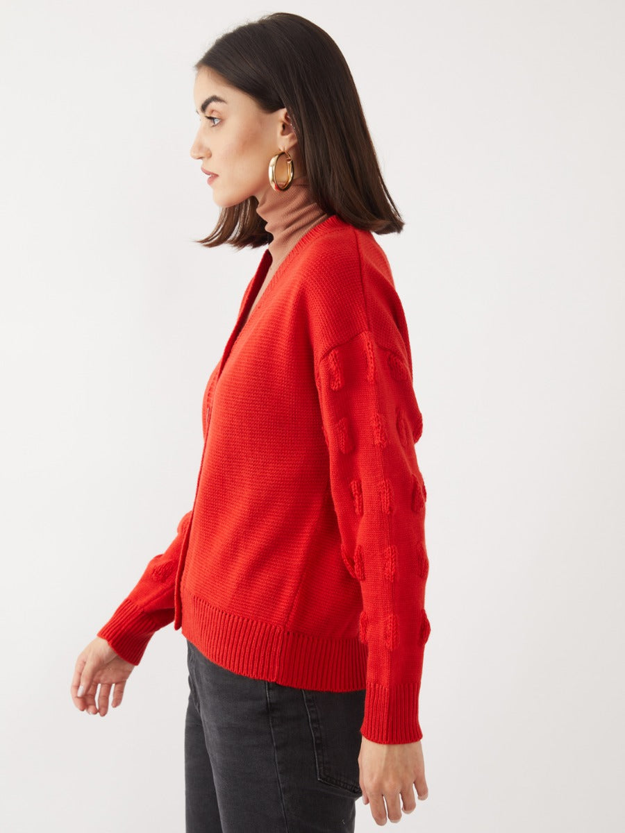 Red Solid Cardigan For Women