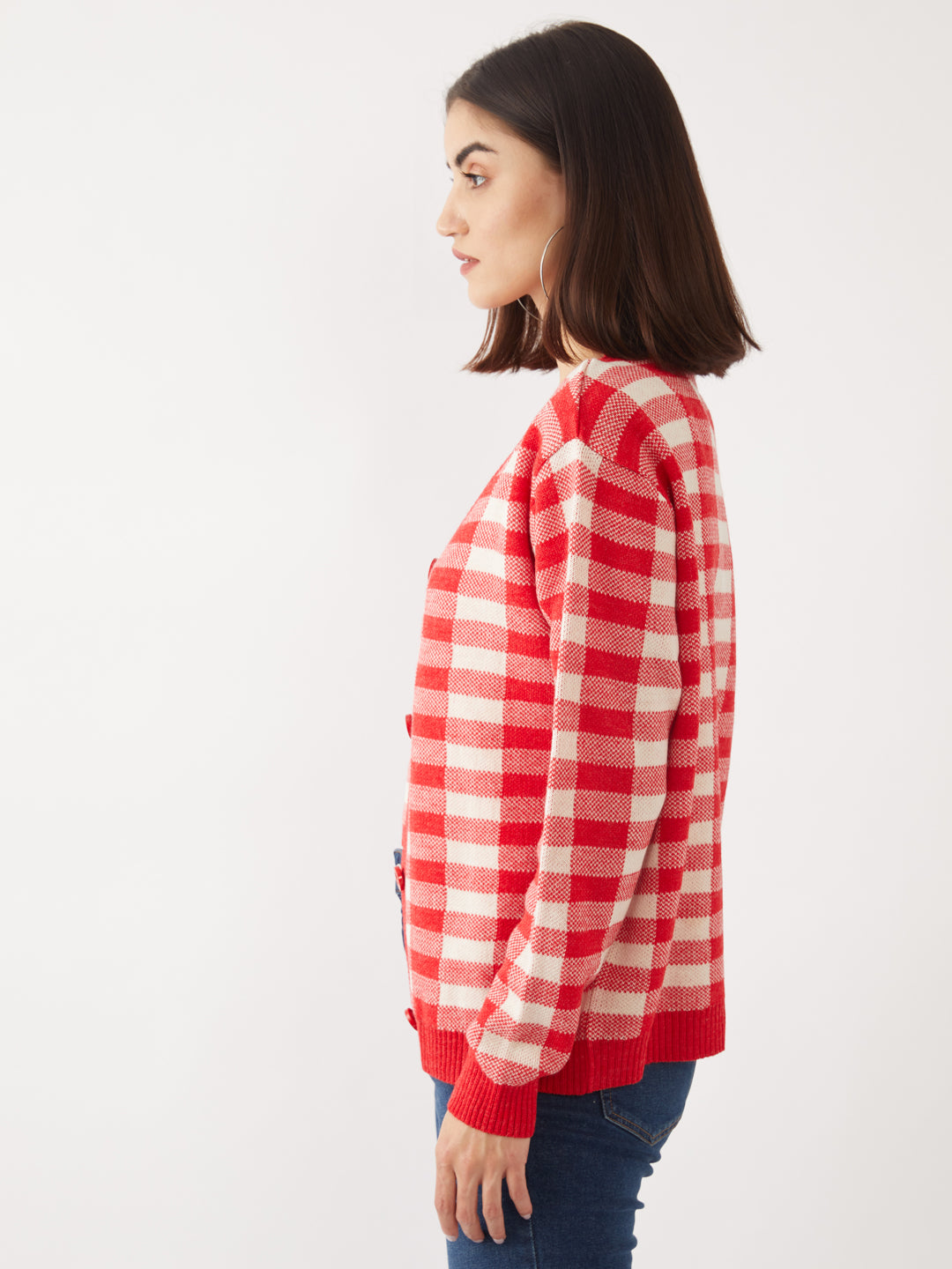 Red Checked Cropped Cardigan For Women