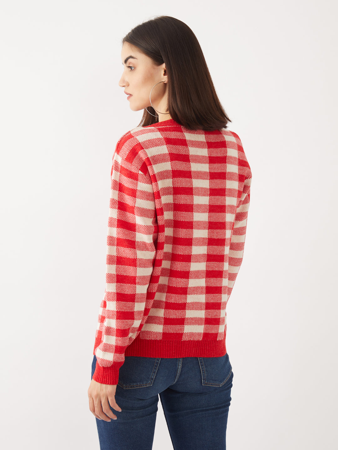 Red Checked Cropped Cardigan For Women