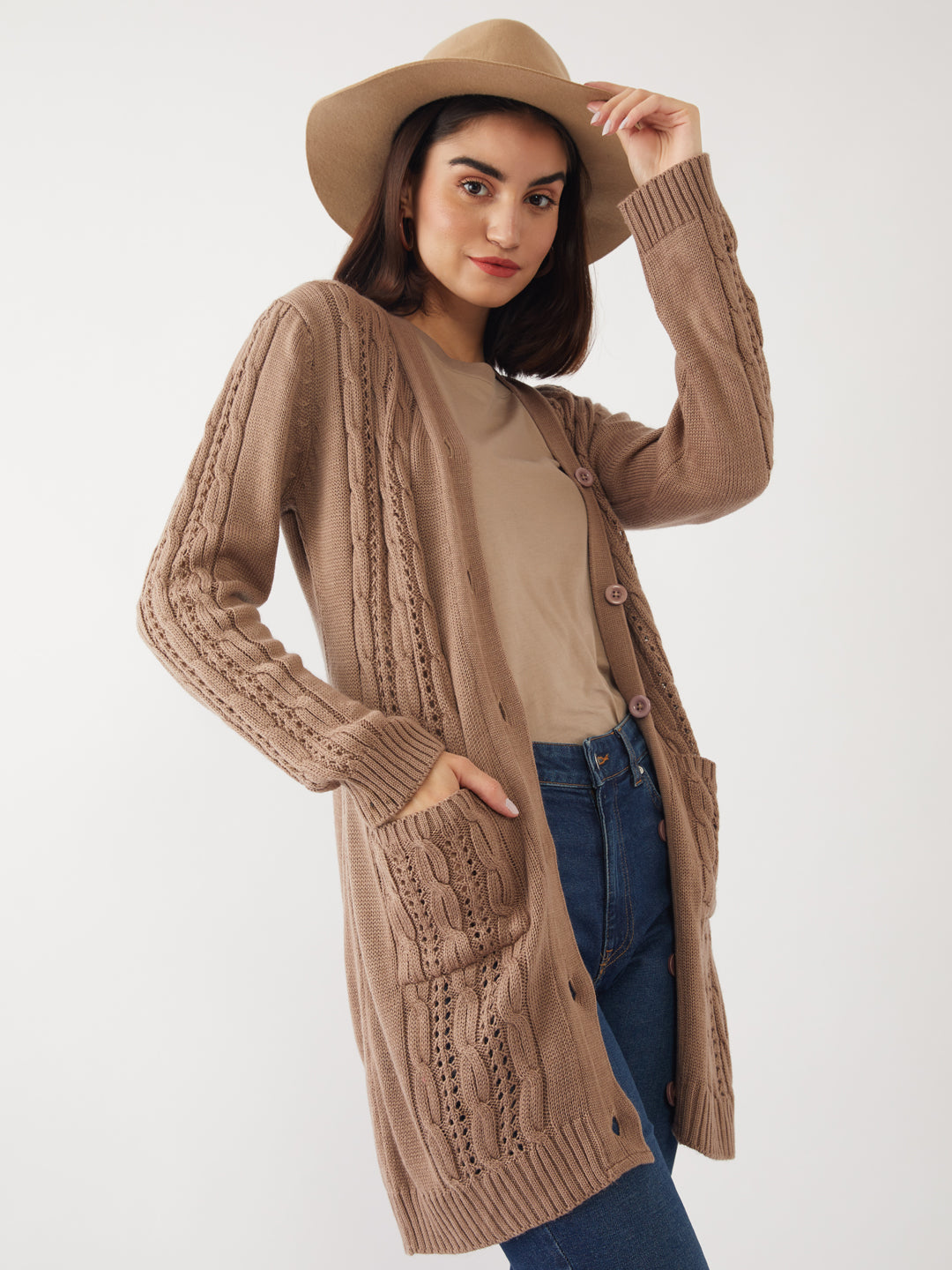 Brown Solid Cardigan For Women