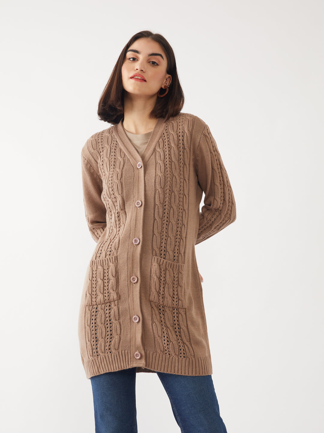 Brown Solid Cardigan For Women