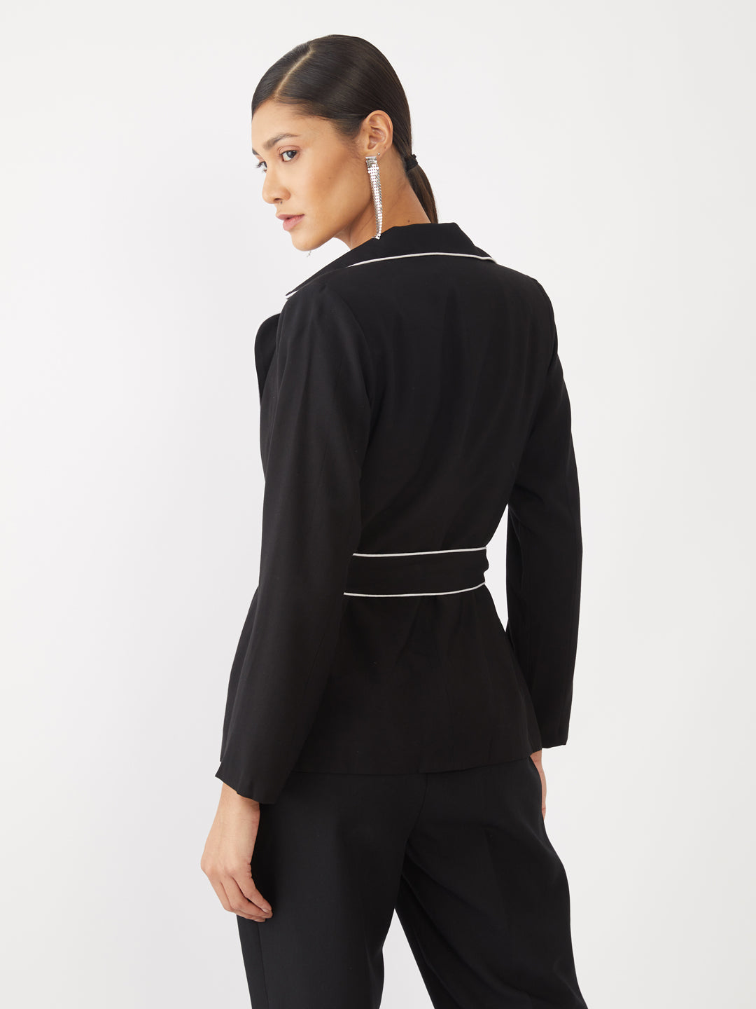 Black Solid Tie-Up Coat For Women
