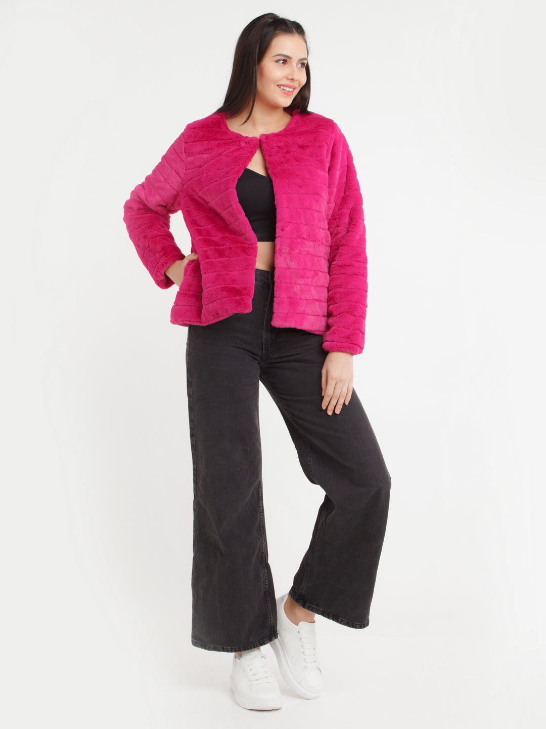 Pink Solid Jacket For Women