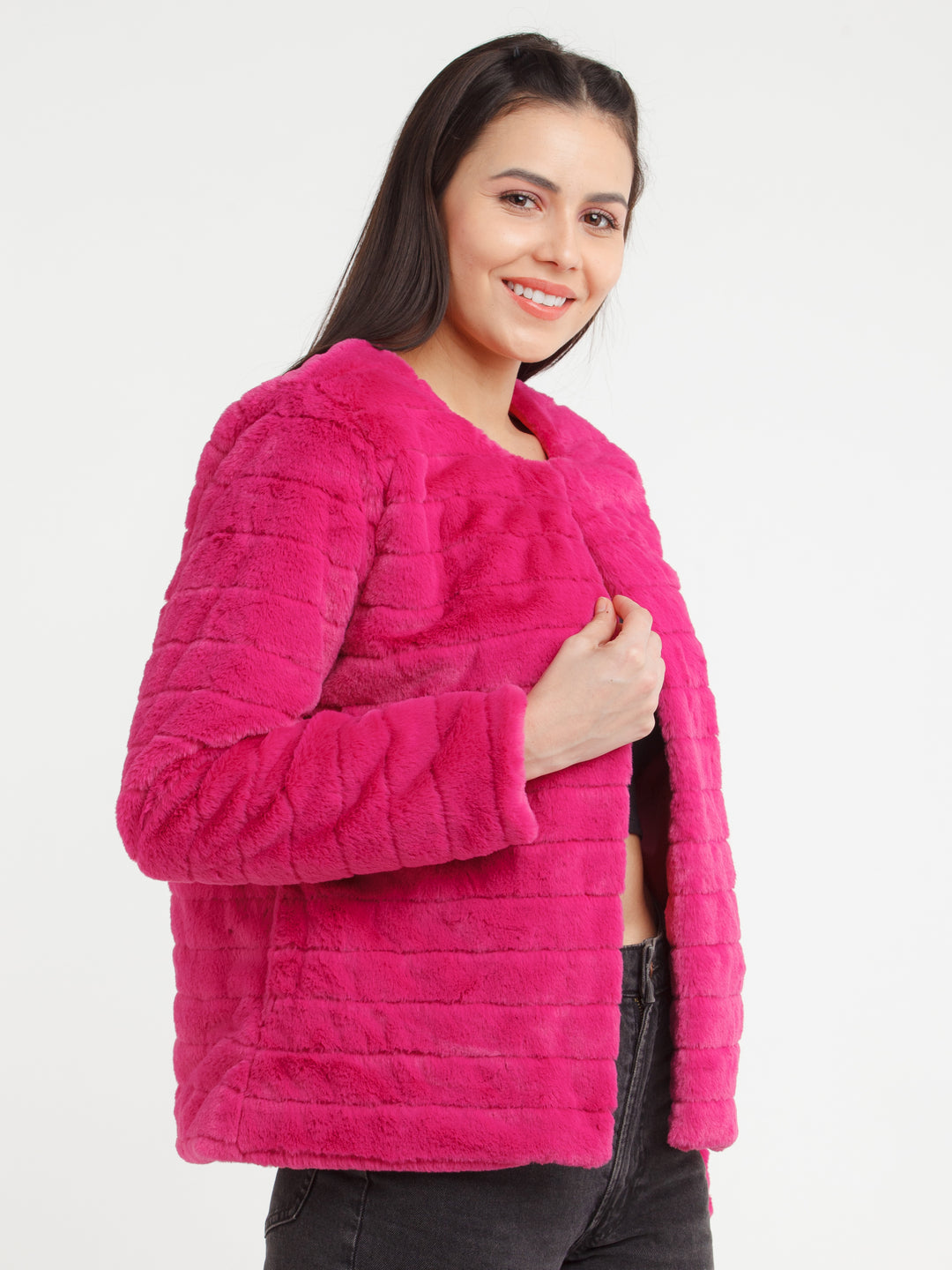 Pink Solid Jacket For Women