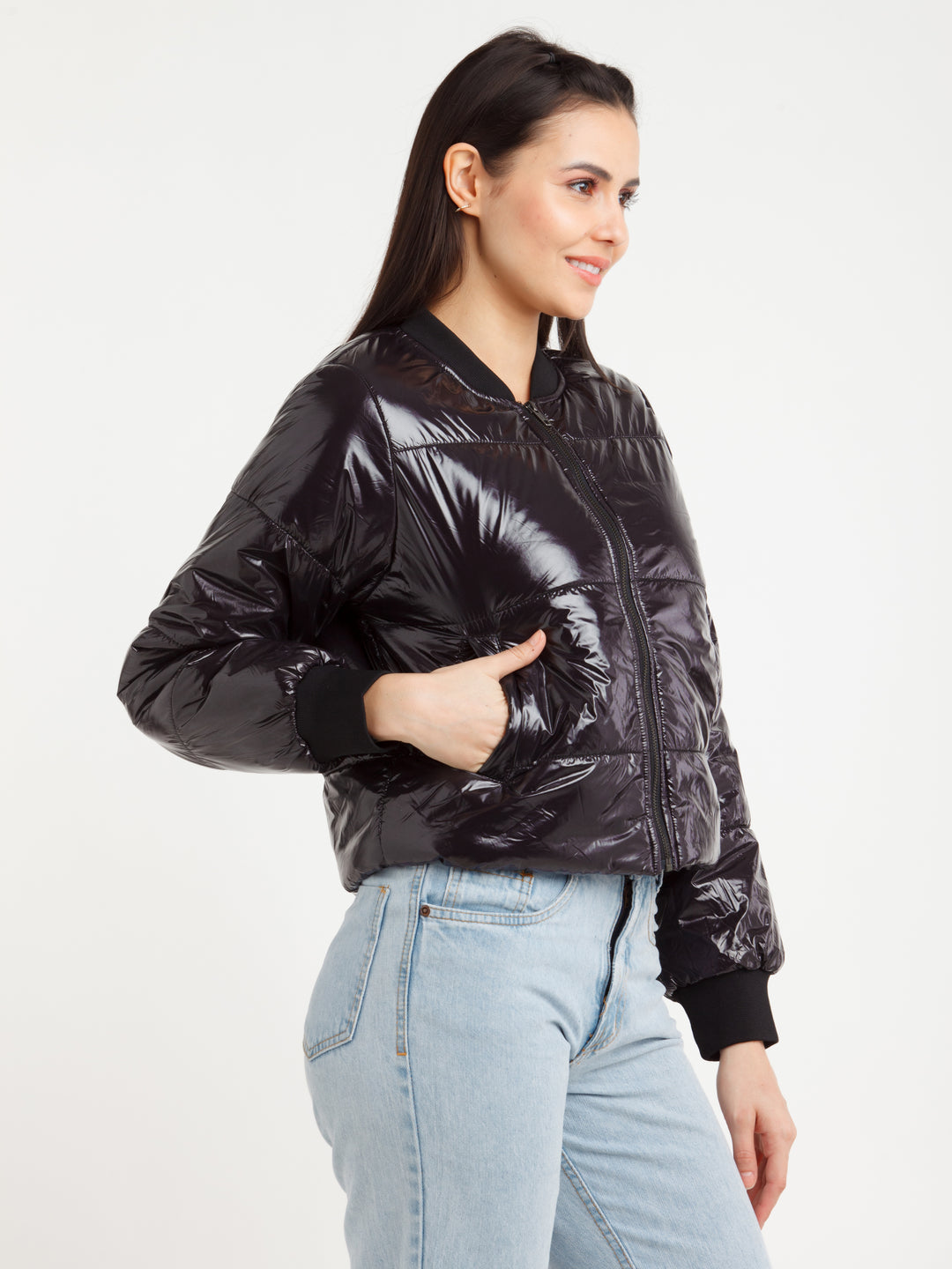 Black Solid Jacket For Women