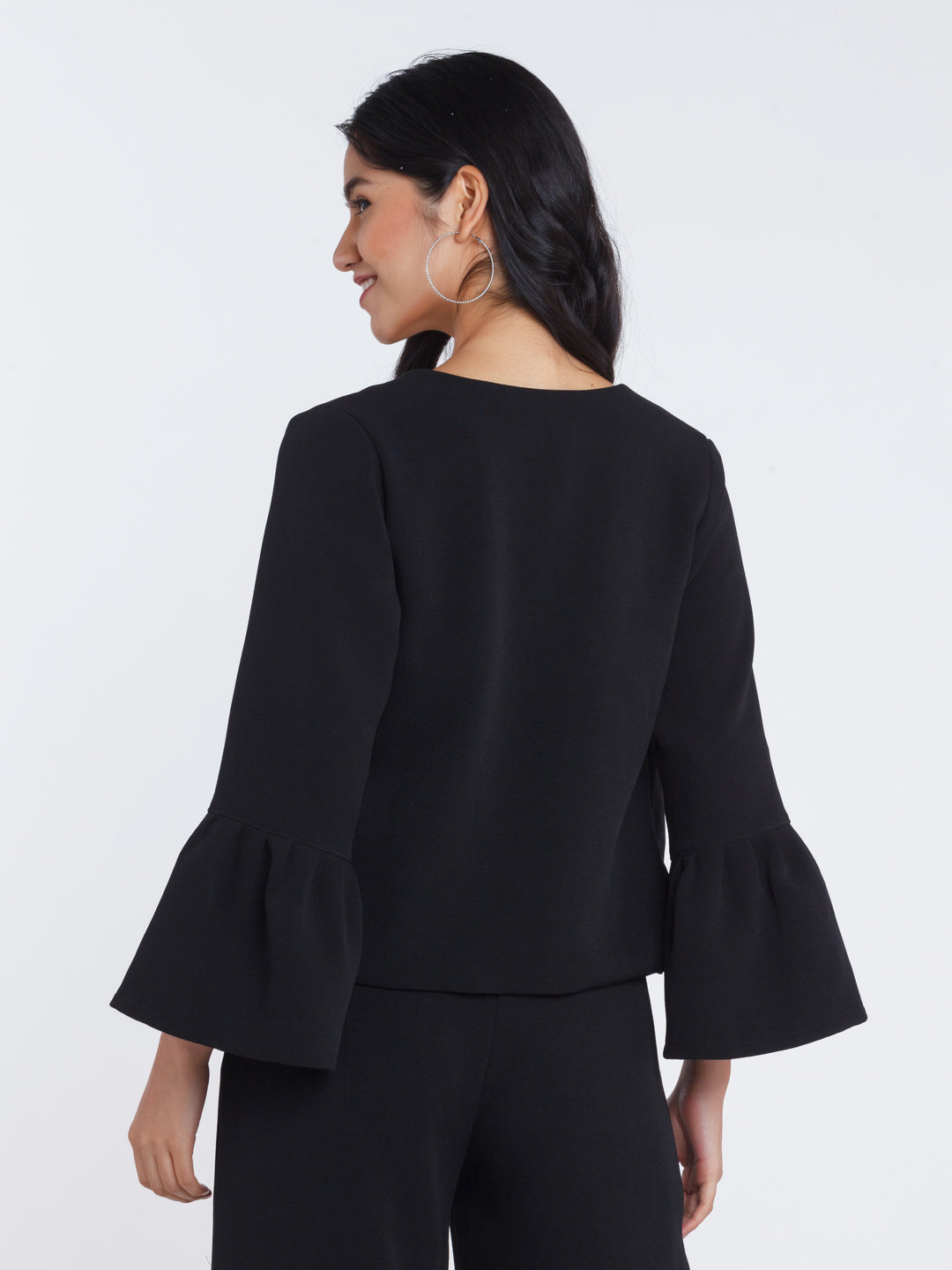 Black Solid Flared Sleeve Jacket For Women