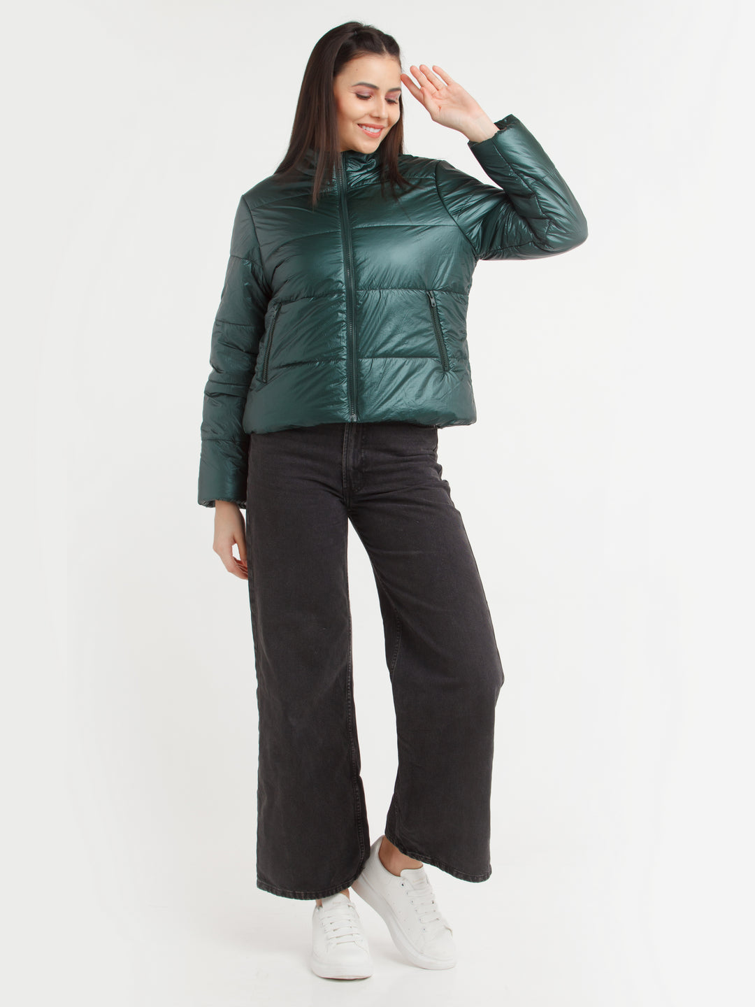 Green Solid Jacket For Women