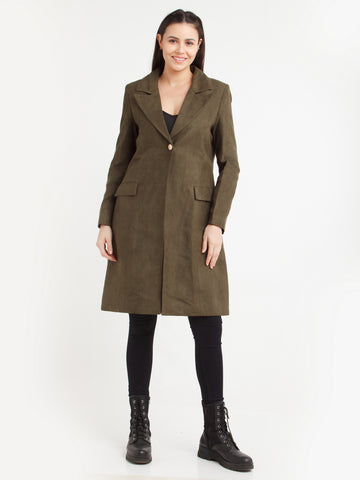 Olive Green Solid Jacket For Women