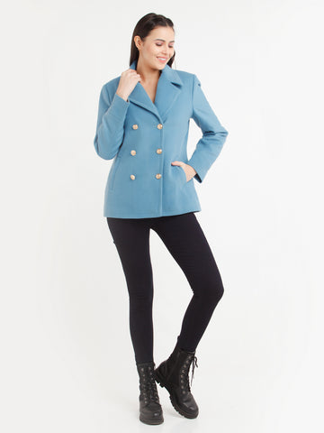 Blue Solid Jacket For Women