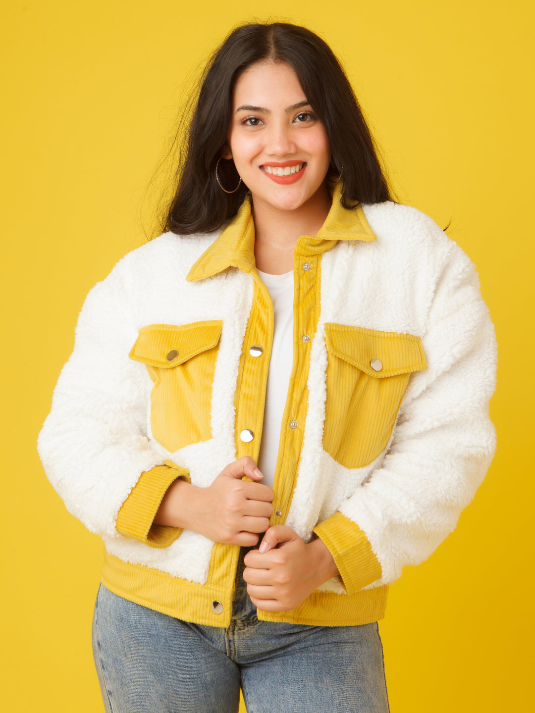 White Solid Buttoned Jacket For Women