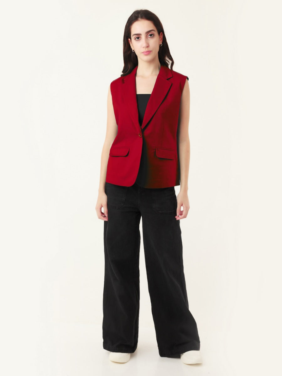 Red Solid Sleeveless Jacket