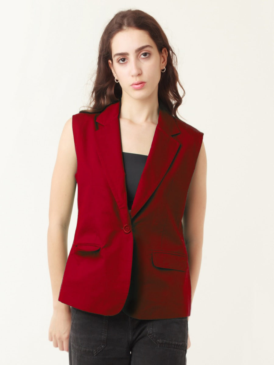 Red Solid Sleeveless Jacket For Women