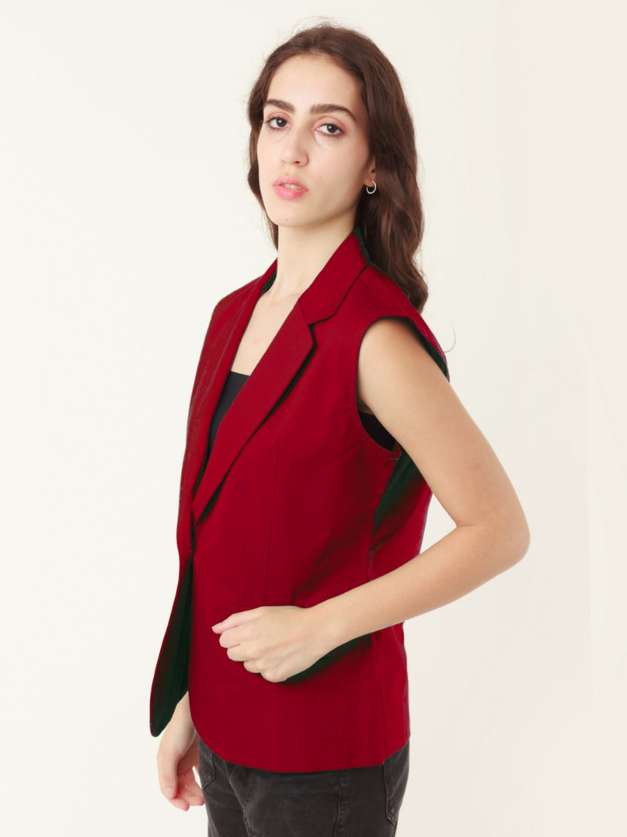 Red Solid Sleeveless Jacket For Women