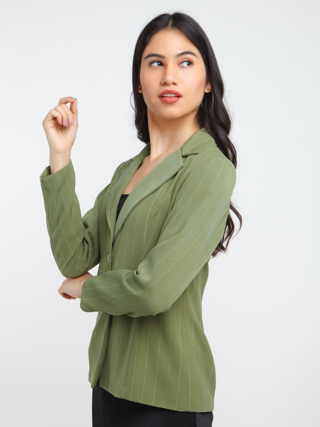 Olive Striped Fitted Blazer For Women