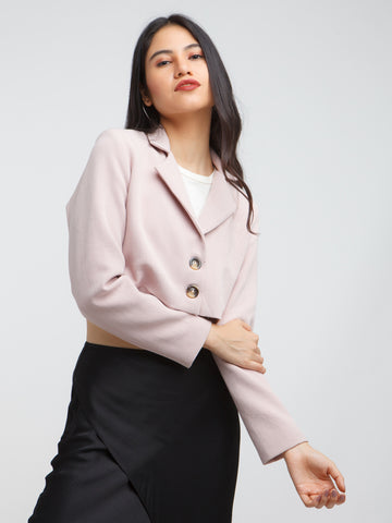 Pink Solid Crop Blazer For Women