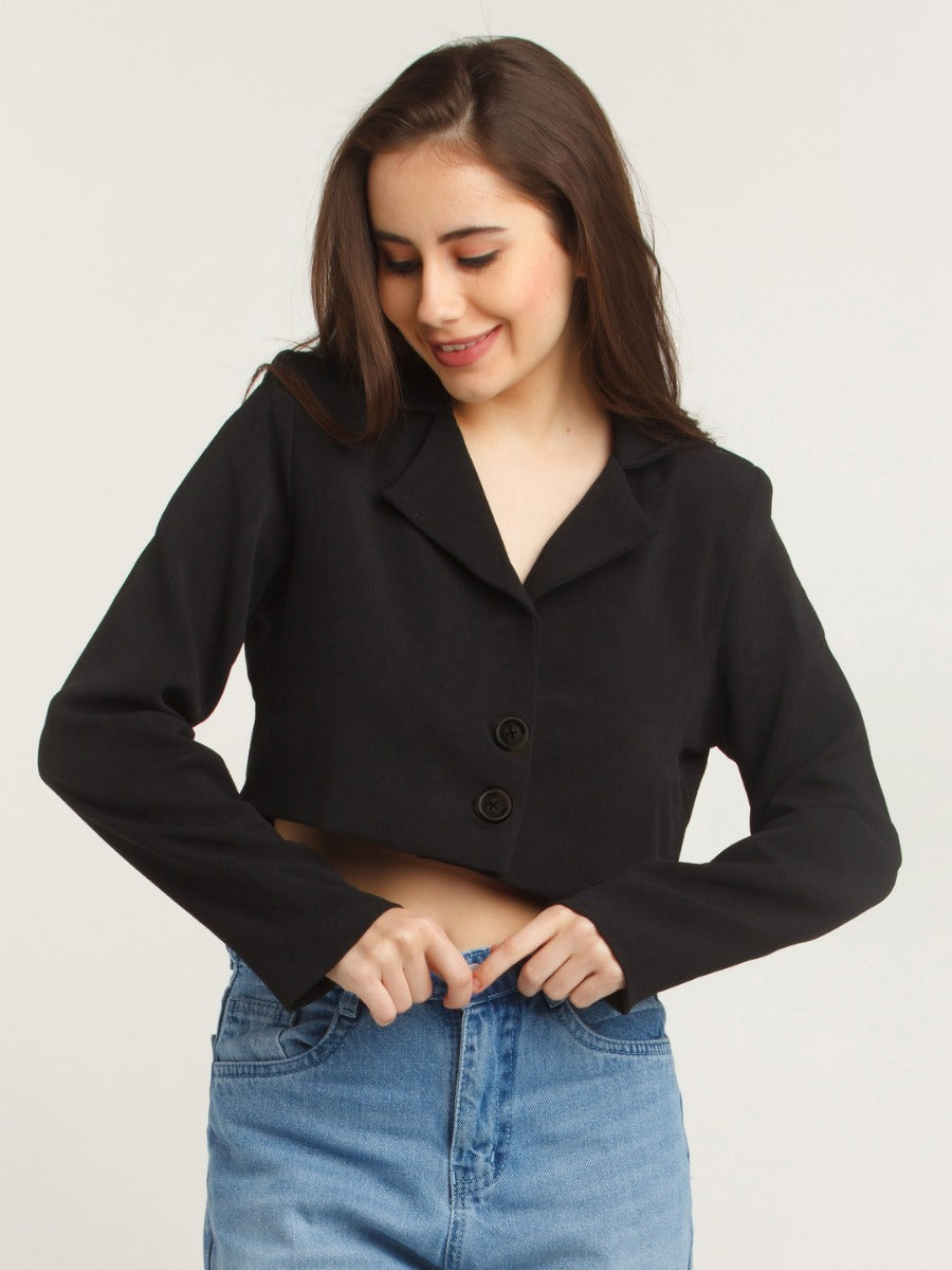 Black Solid Crop Blazer