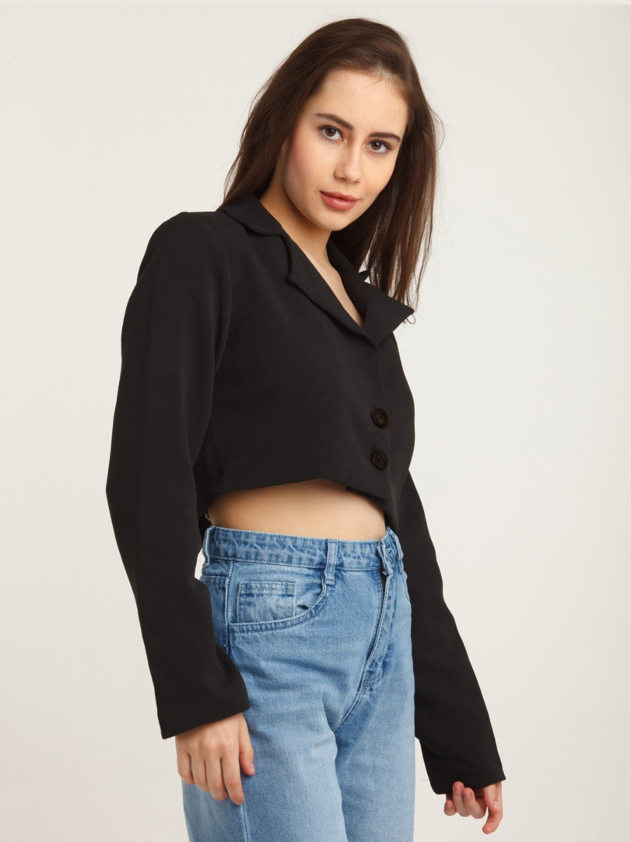 Black Solid Crop Blazer