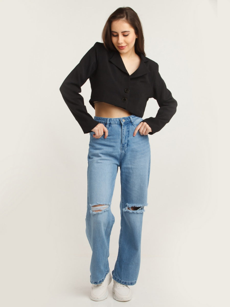 Black Solid Crop Blazer