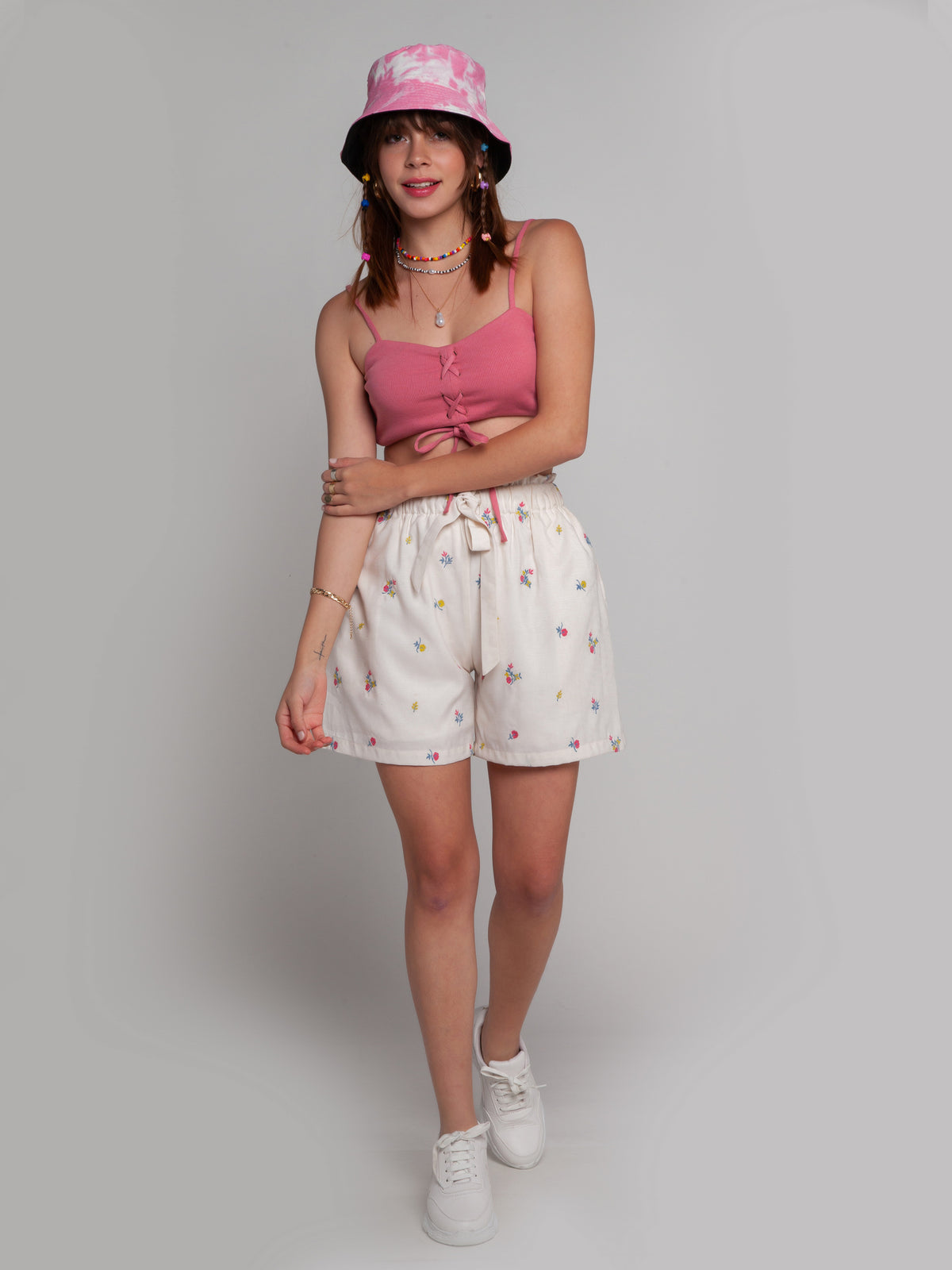 White Embroidered Elasticated Shorts For Women