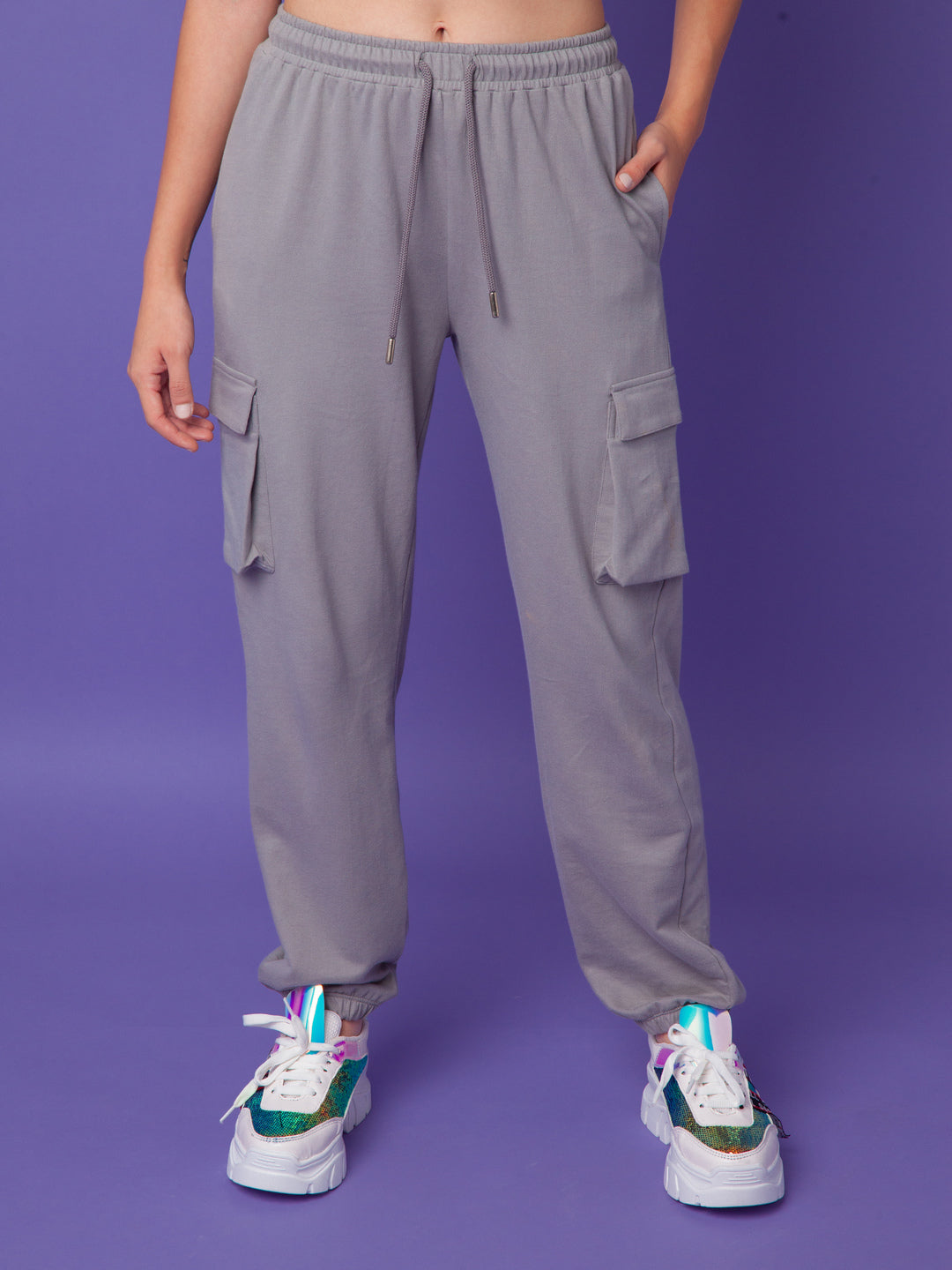 Grey Solid Elasticated Joggers For Women