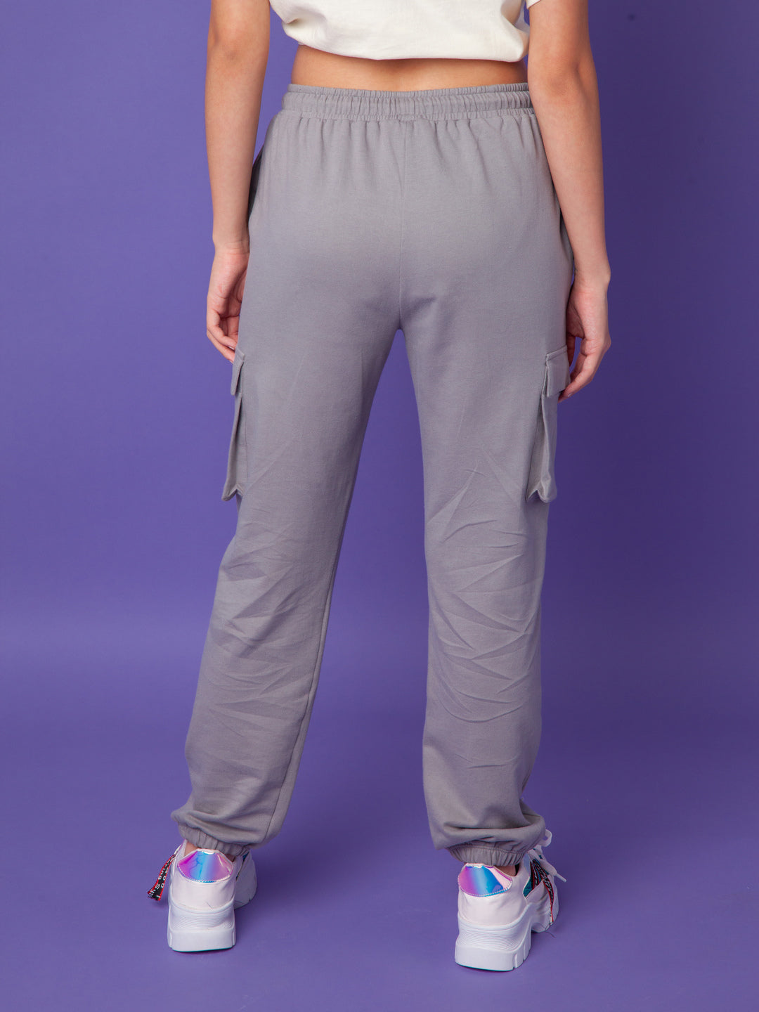 Grey Solid Elasticated Joggers For Women