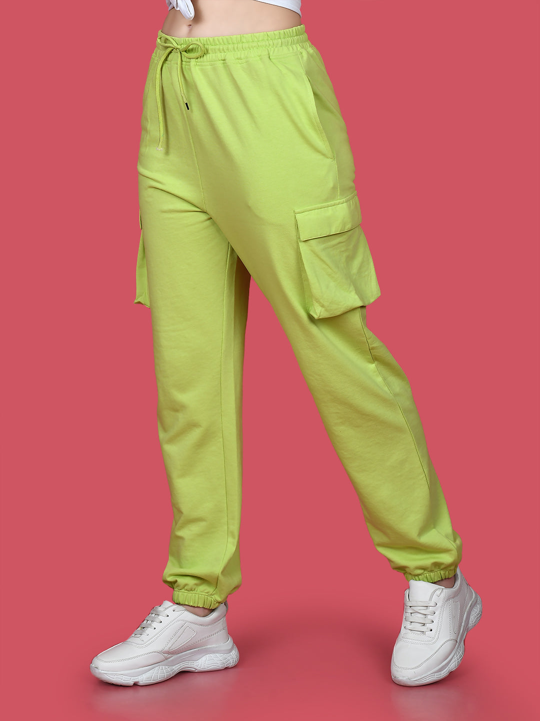 Green Solid Elasticated Joggers For Women