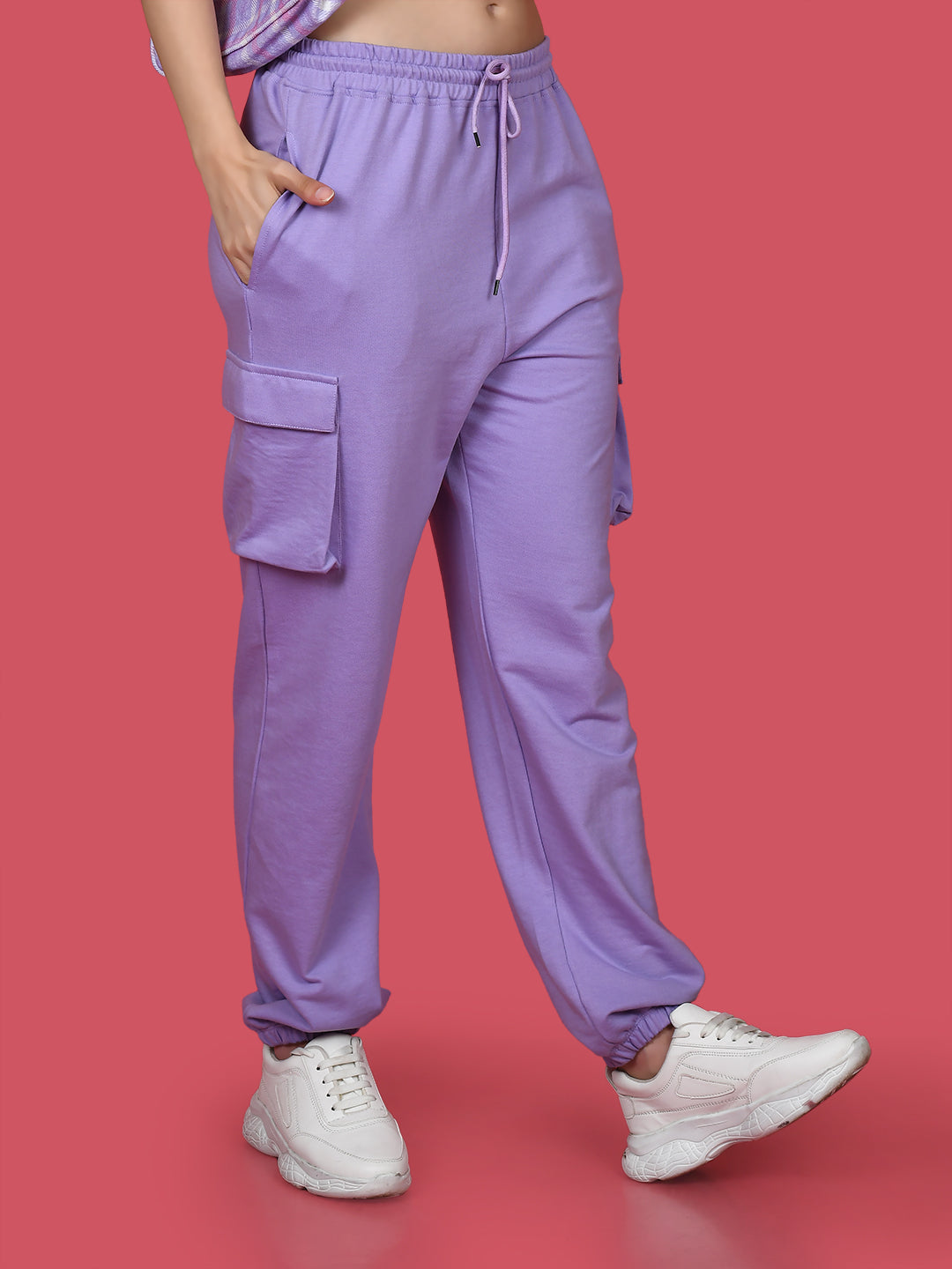 Purple Solid Elasticated Joggers For Women