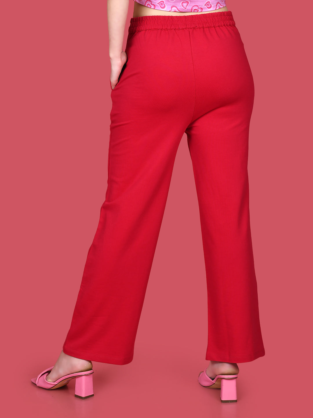 Red Solid Wide Leg Trousers