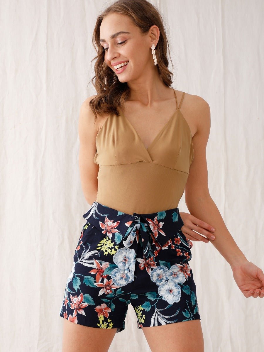 Navy Floral Print High Waisted Short