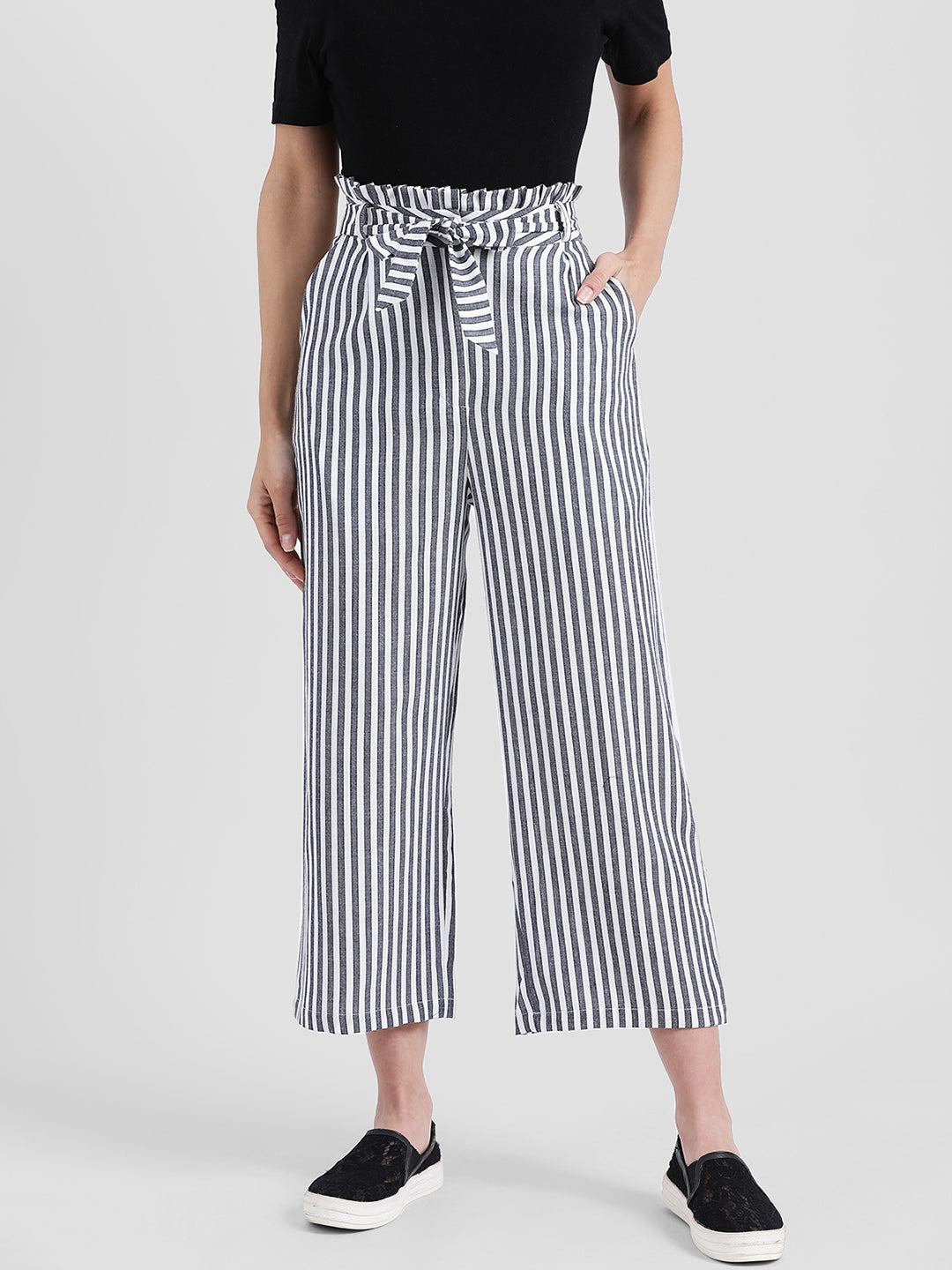 Black & White Striped Regular Trousers