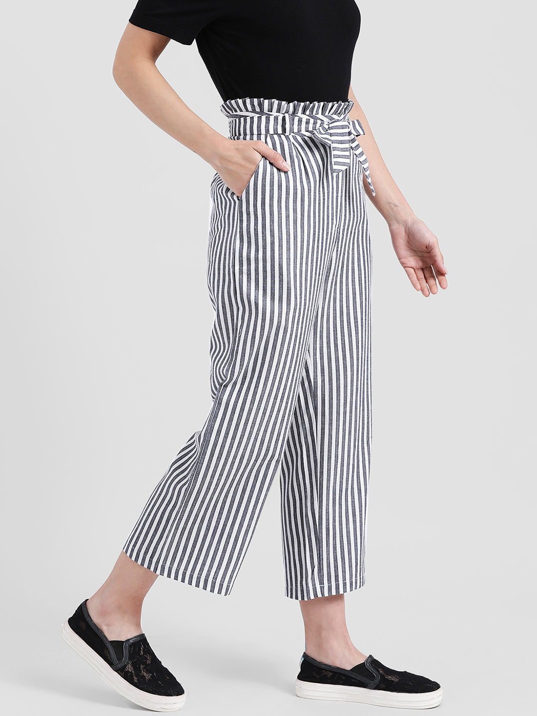 Black & White Striped Regular Trousers