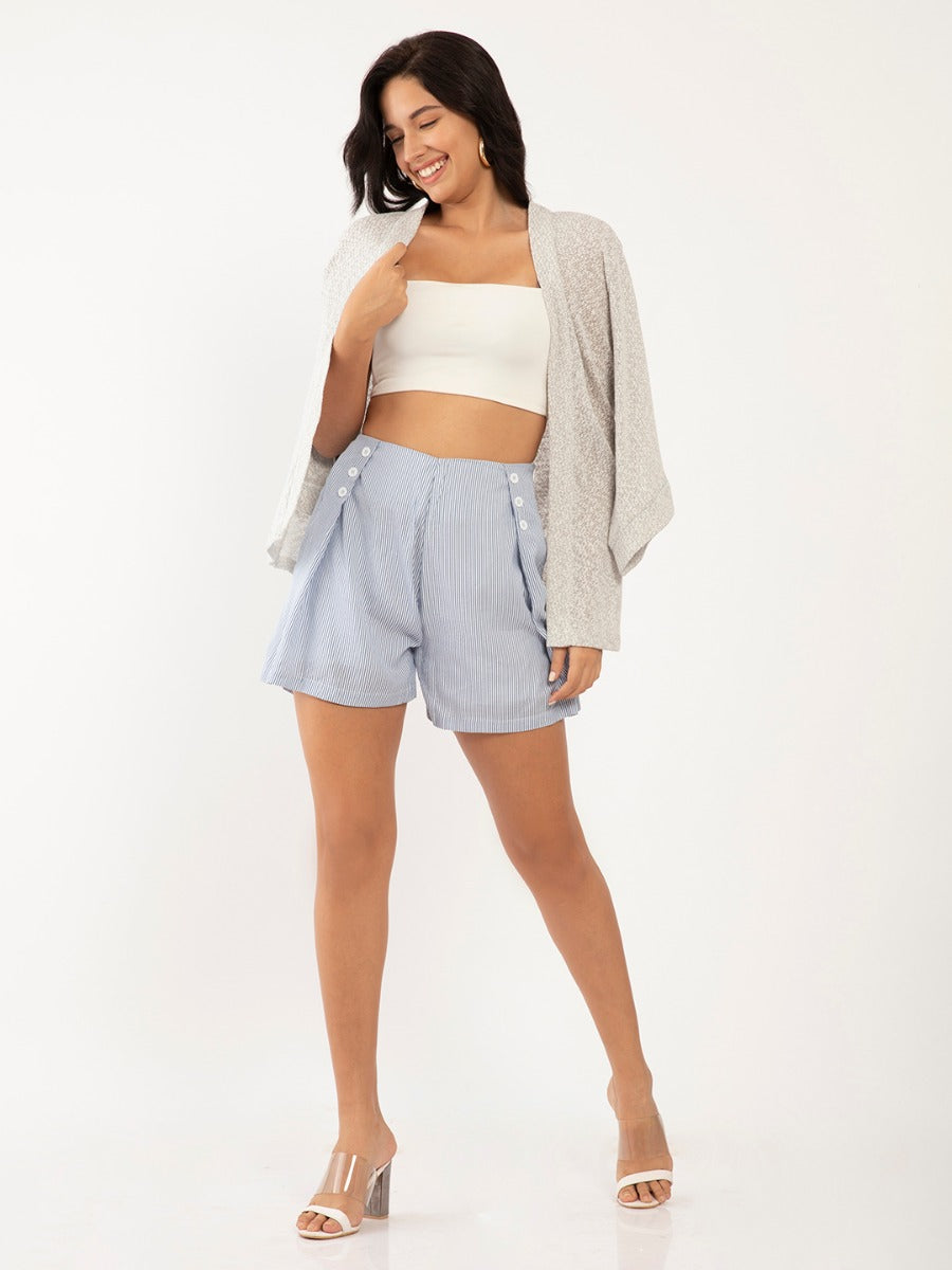 White Striped Pleated Shorts
