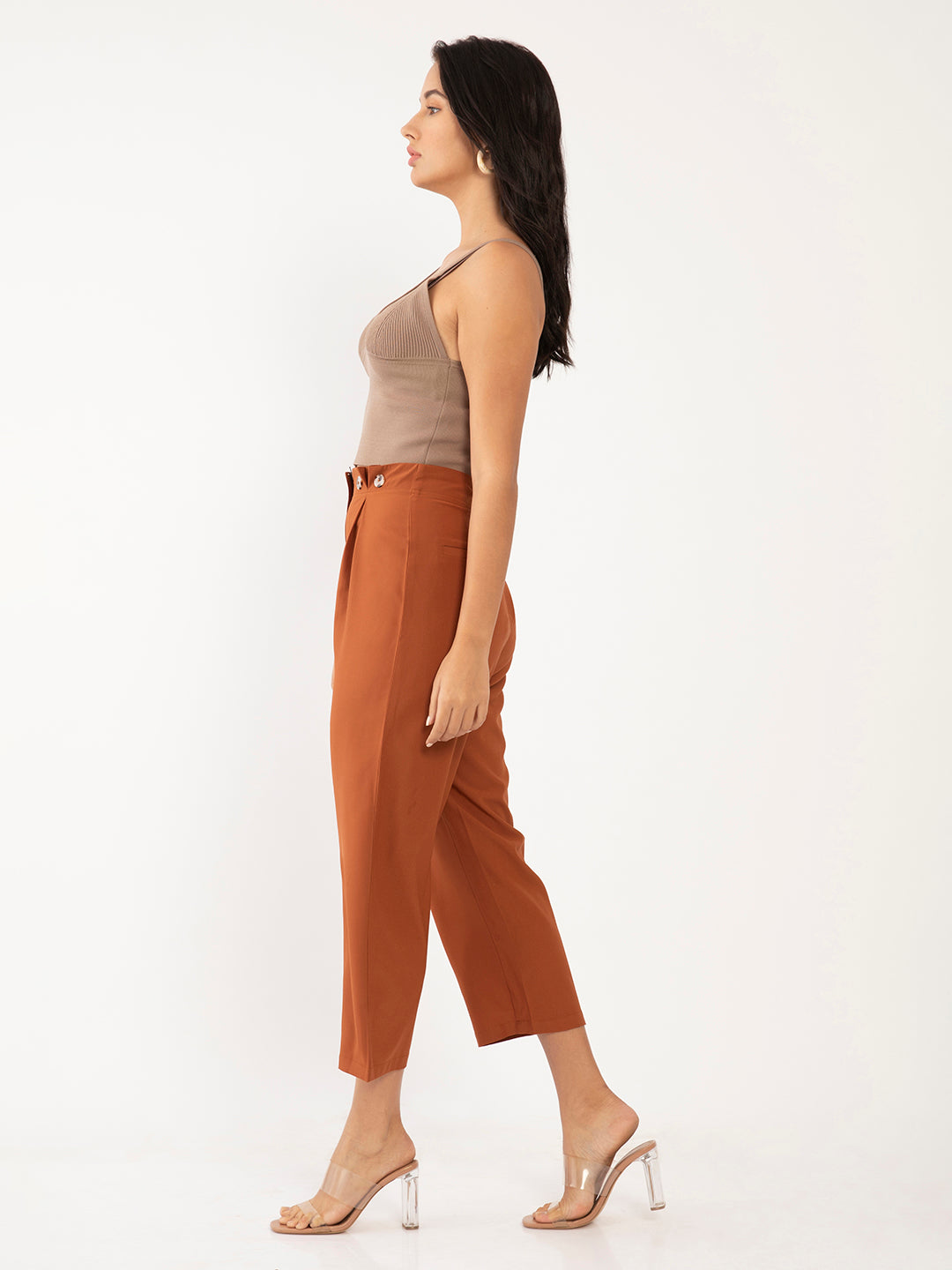 Brown Solid Pleated Trouser