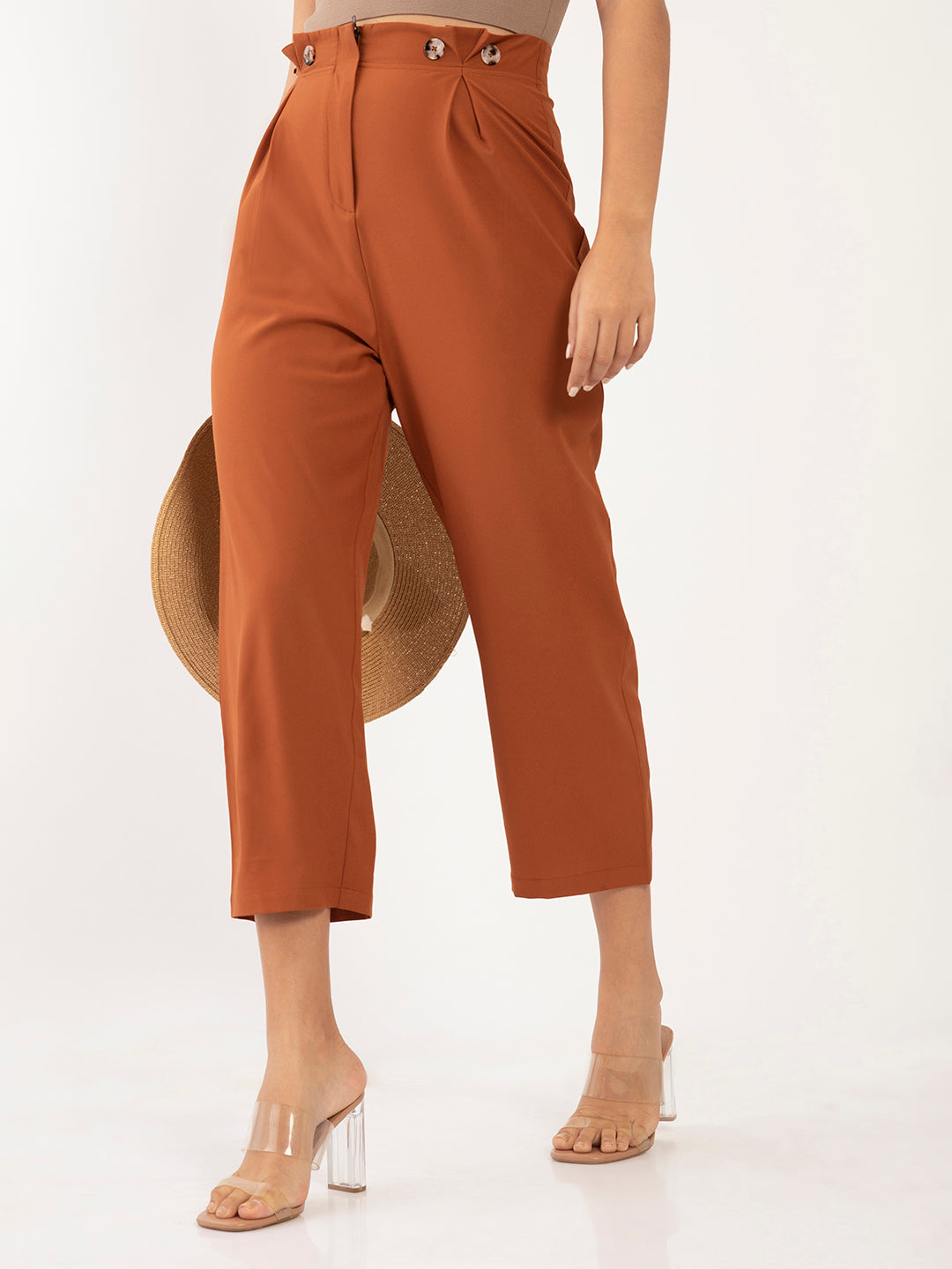 Brown Solid Pleated Trouser