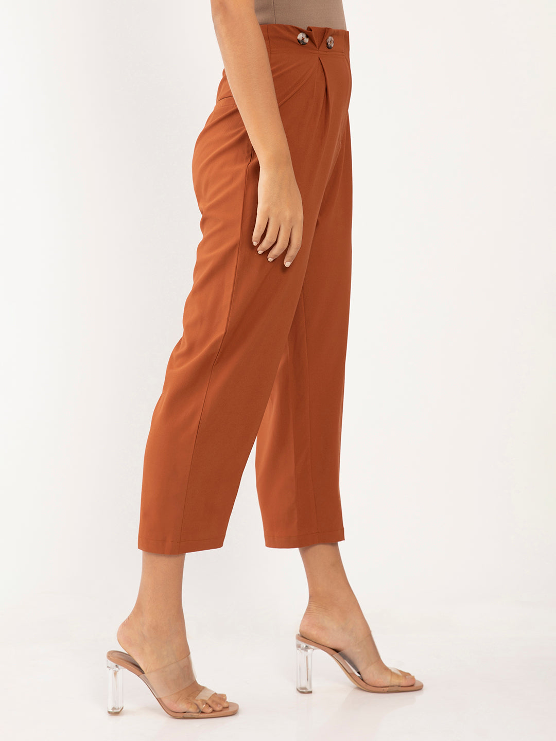 Brown Solid Pleated Trouser