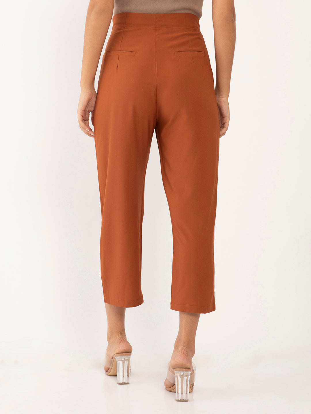 Brown Solid Pleated Trouser