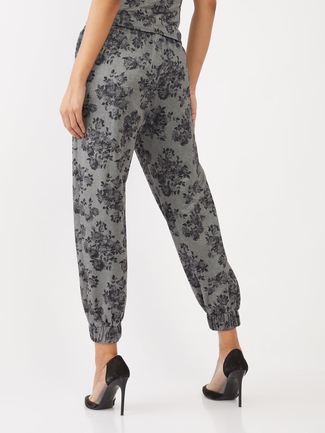 Grey Floral Print Joggers for Women