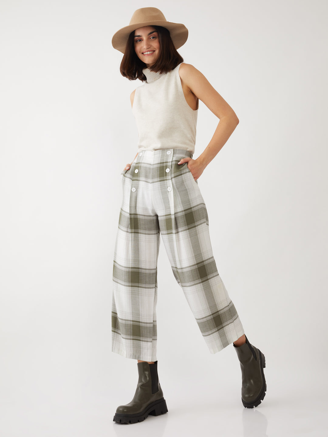 Green Checked Trousers For Women