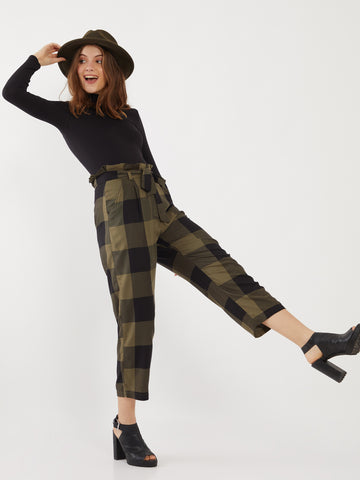 Green Checked Pleated Trouser For Women