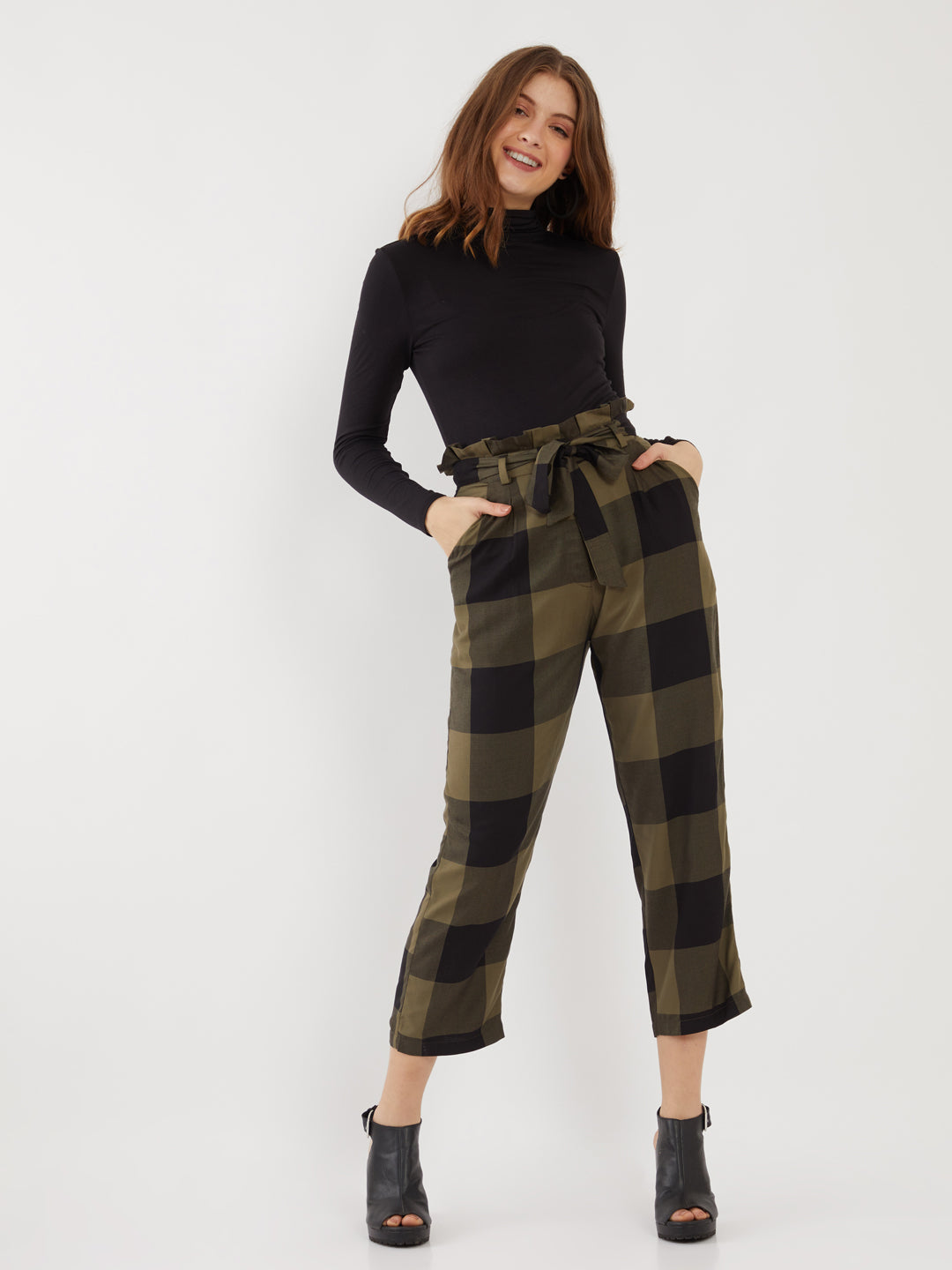 Green Checked Pleated Trouser For Women