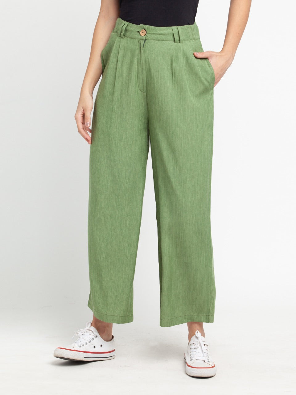 Green Solid Trouser For Women
