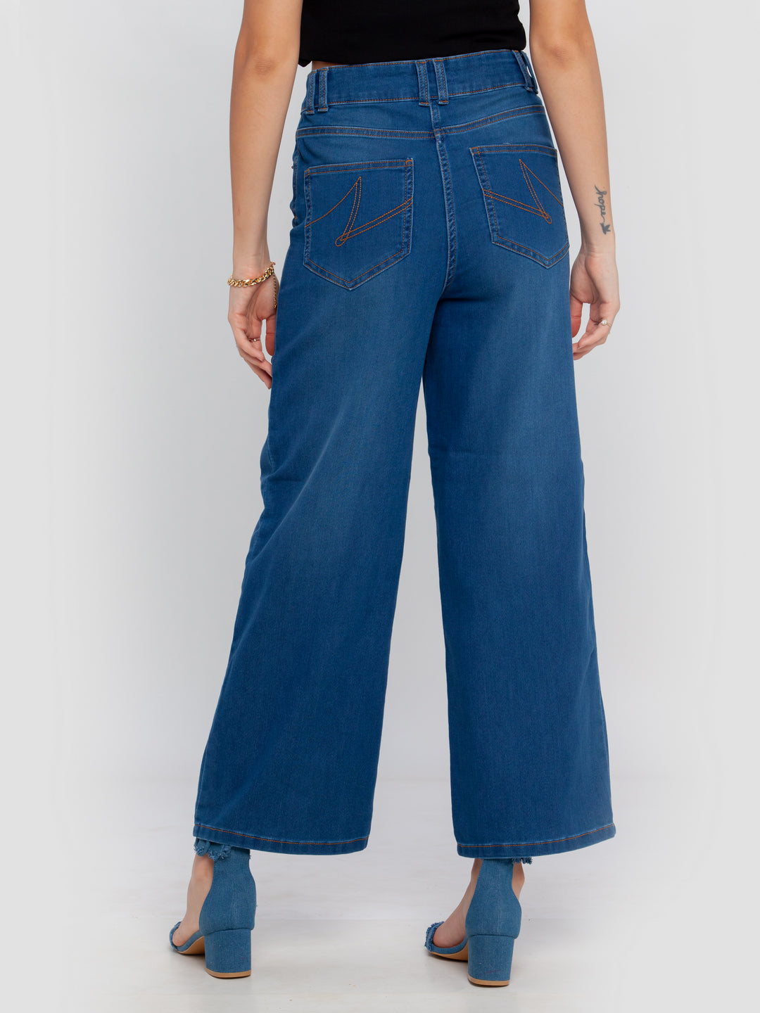 Blue Solid Wide Leg Jeans