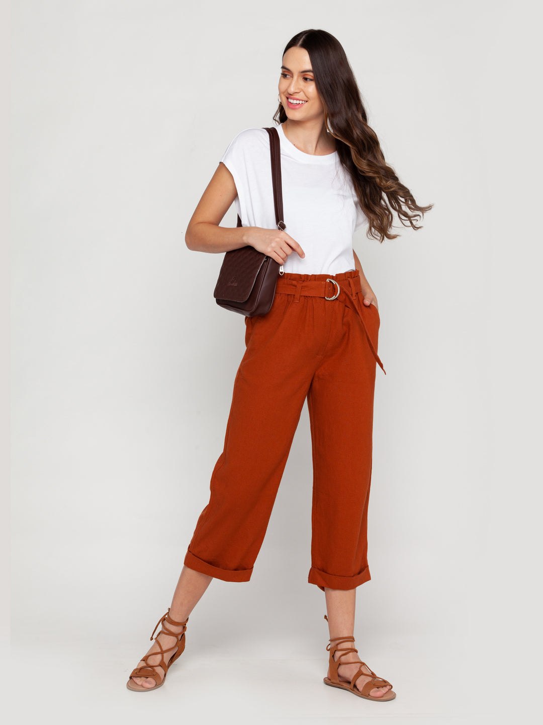 Brown Solid Pleated Trouser